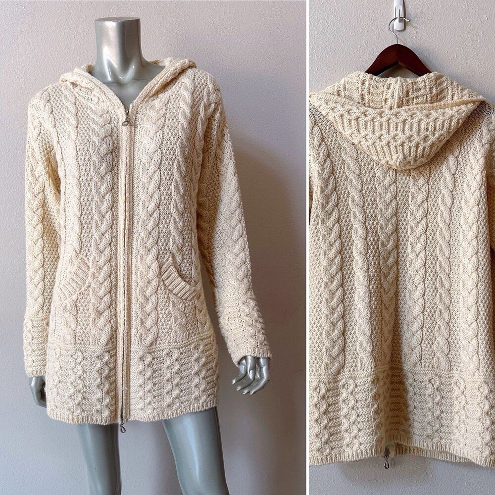 Inis Crafts Wool Hooded Zip Up Cardigan Sweater Women’s M Irish Fisherman Pocket
